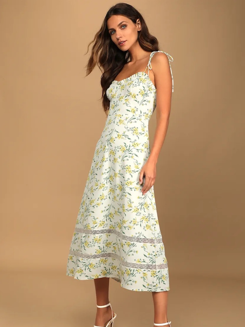 Lulu's White Slip Midi Dress with Yellow Floral Print